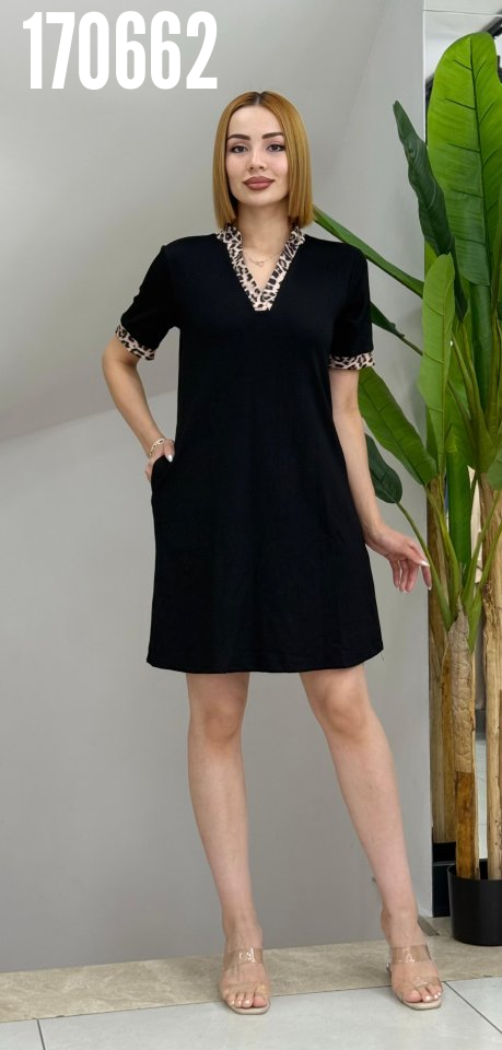 Kadın kısa kollu v yakalı leopar desen detaylı modal elbise