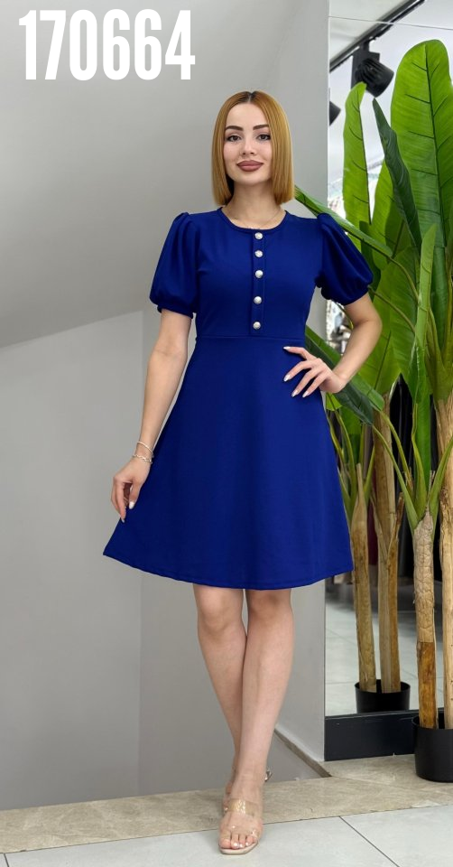 Kadın kısa kollu bisiklet yaka önden düğmeli ithal krep elbise