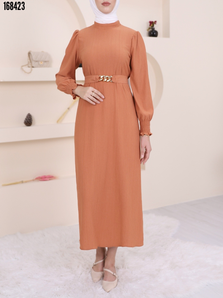 Kemeri Taşlı Önü Pileli Tesettür Elbise