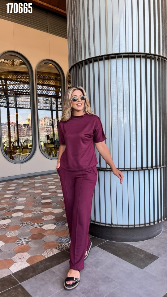 Kadın kısa kollu bisiklet yaka omuzdan düğmeli viskon iki iplik kısa bluz ve pantolon ikili takım