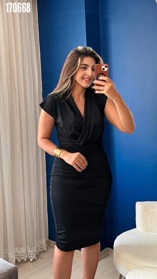 Kadın kısa kollu kruvaze yaka krep elbise Kemersiz