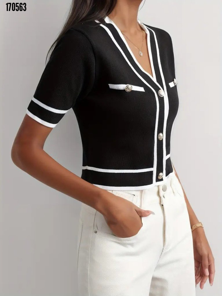 Kadın kısa kollu önden düğmeli triko bluz