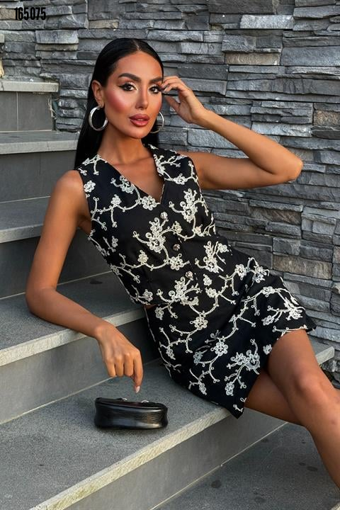 Nakışlı Yelek Şort Etekli Keten Takım