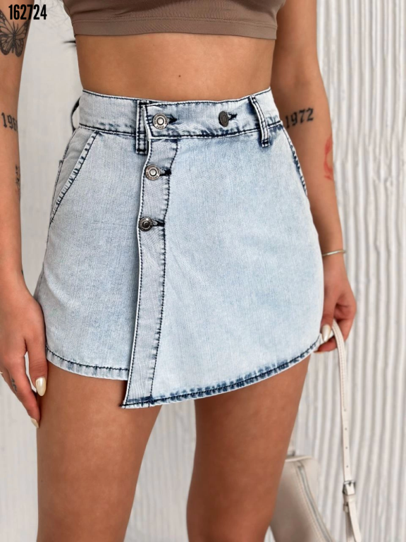 Kot Jeans Kesimetrik Kesim Cepli Şortlu Etek Gri