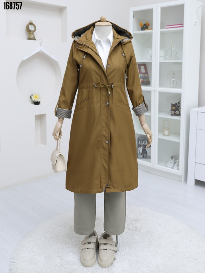 Çıtçıtlı Fermuarlı Kapşonlu Trenckot Taba