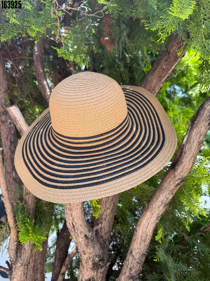 Çizgili Camel Geniş Hasır Şapka