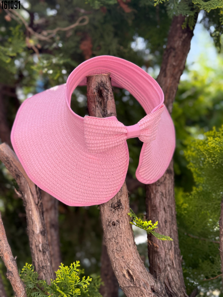 Fiyonklu Pembe Geniş Üstü Açık Hasır Vizör Şapka