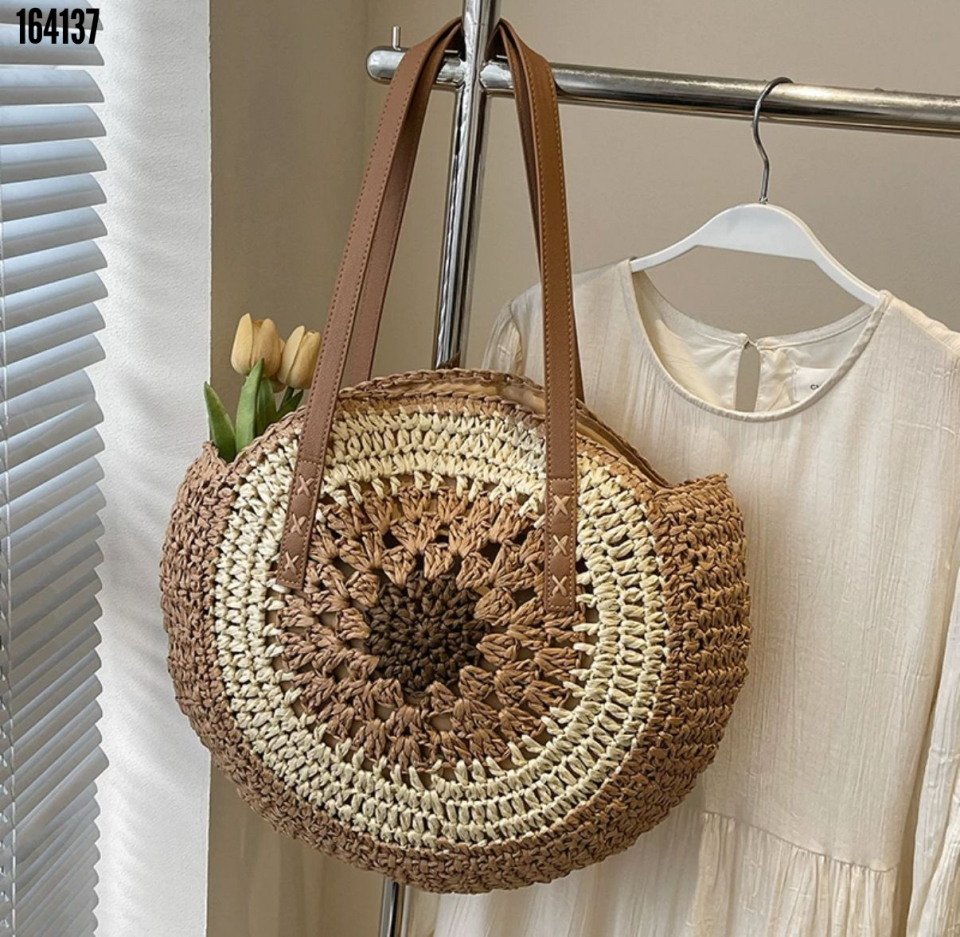 El Örgüsü Nazar Boncuğu Nakışlı Camel Hasır Çanta