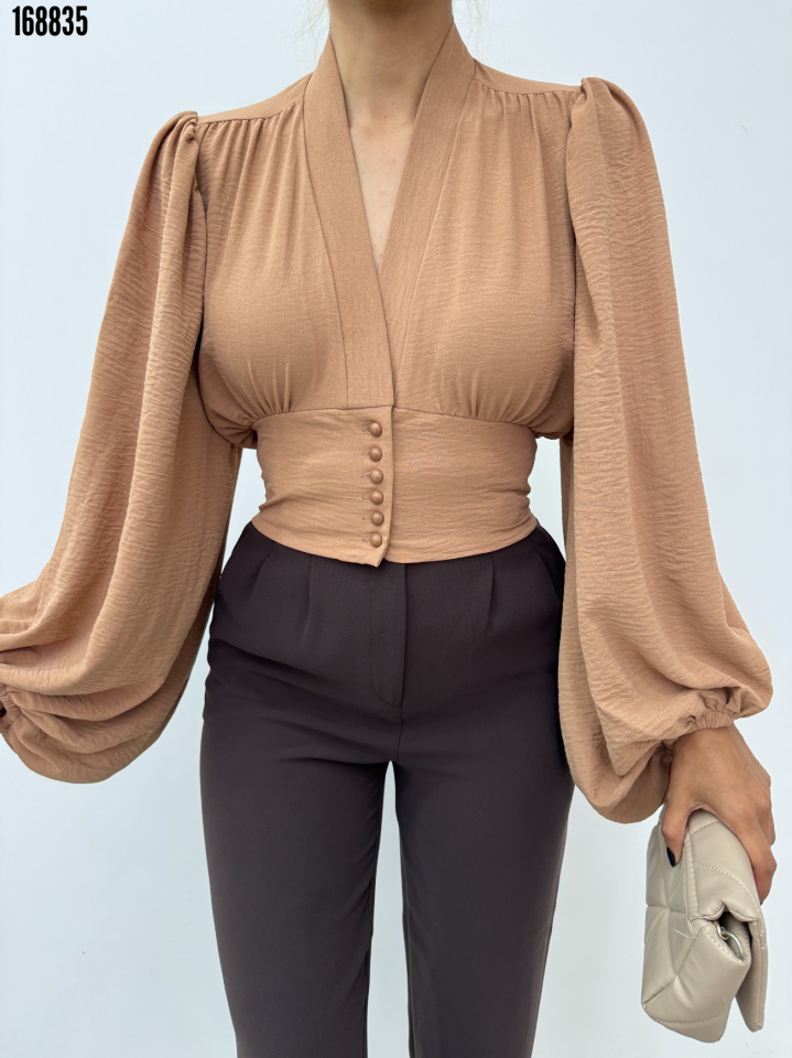 Düğmeli Arkası Lastikli Balon Kol Sandy Crop