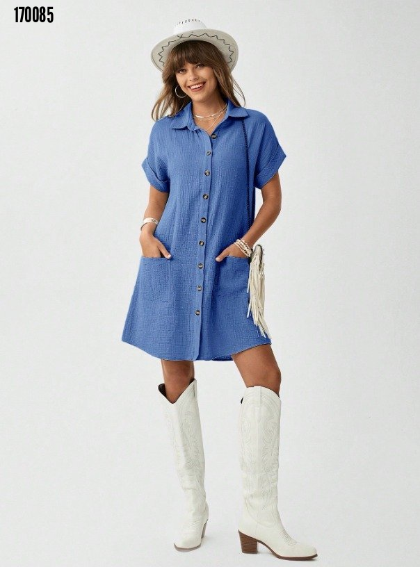 Kadın cep detay müslin kumaş mini gömlek elbise