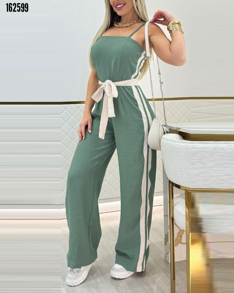 Kadın ip askılı straplez belden kuşaklı viskon iki iplik tulum