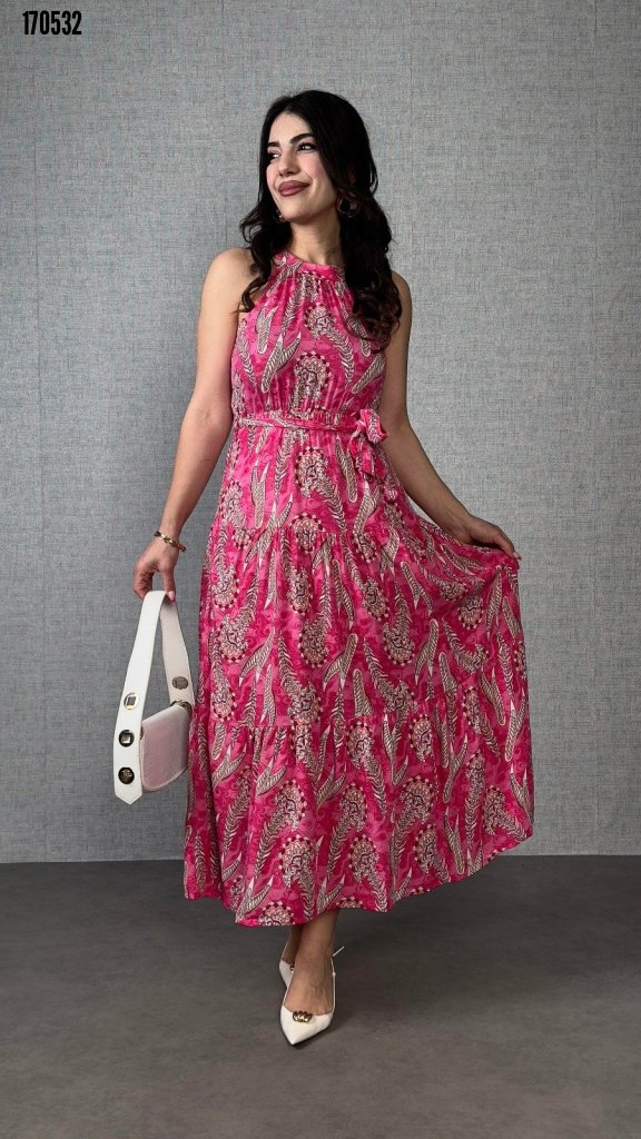 Kadın omuzlardan açık boyundan geçmeli desenli süprem bluz