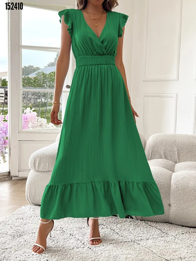 Kadın kısa kollu kruvaze yakalı beli lastikli müslim elbise