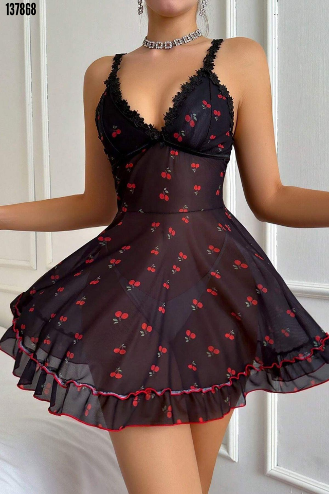 Siyah Kiraz Baskılı Transparan Akılı Gecelik