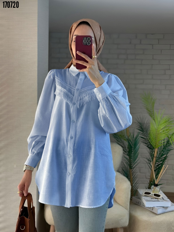 Güpür Püsküllü Ham Keten Balon Kol Gömlek Bebe Mavi