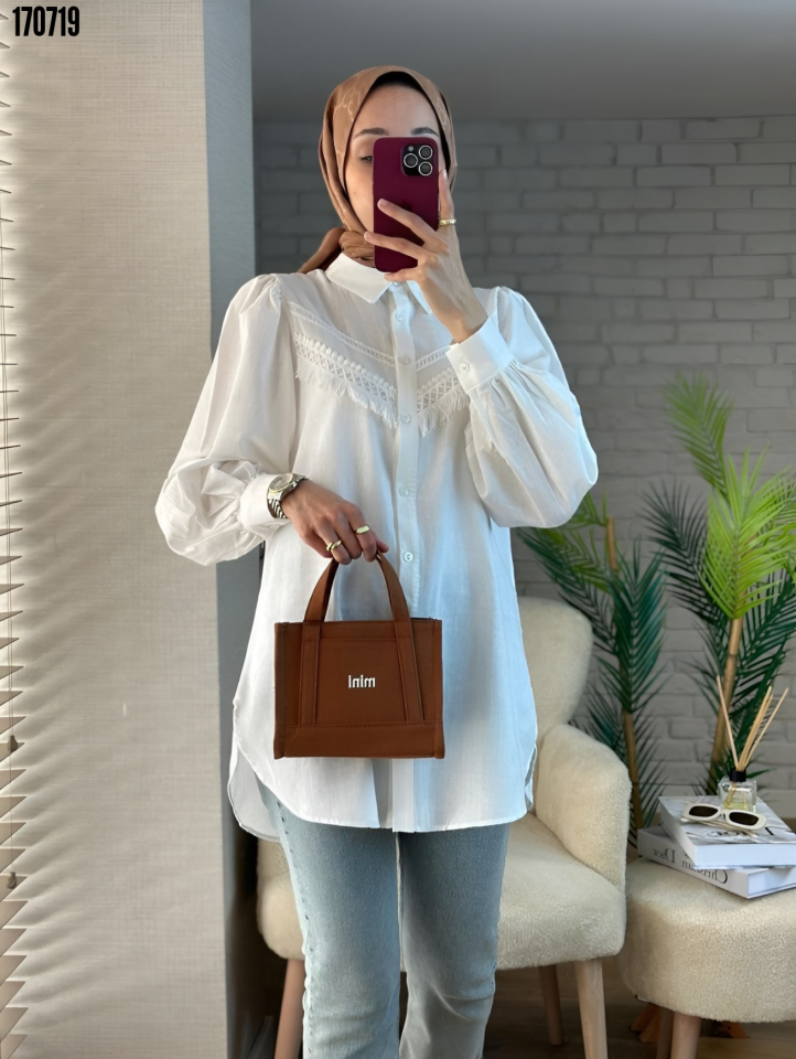 Güpür Püsküllü Ham Keten Balon Kol Gömlek Ekru