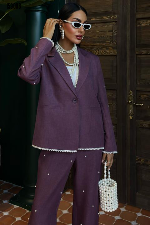 İnci Detaylı Ceket Pantolon Keten Takım