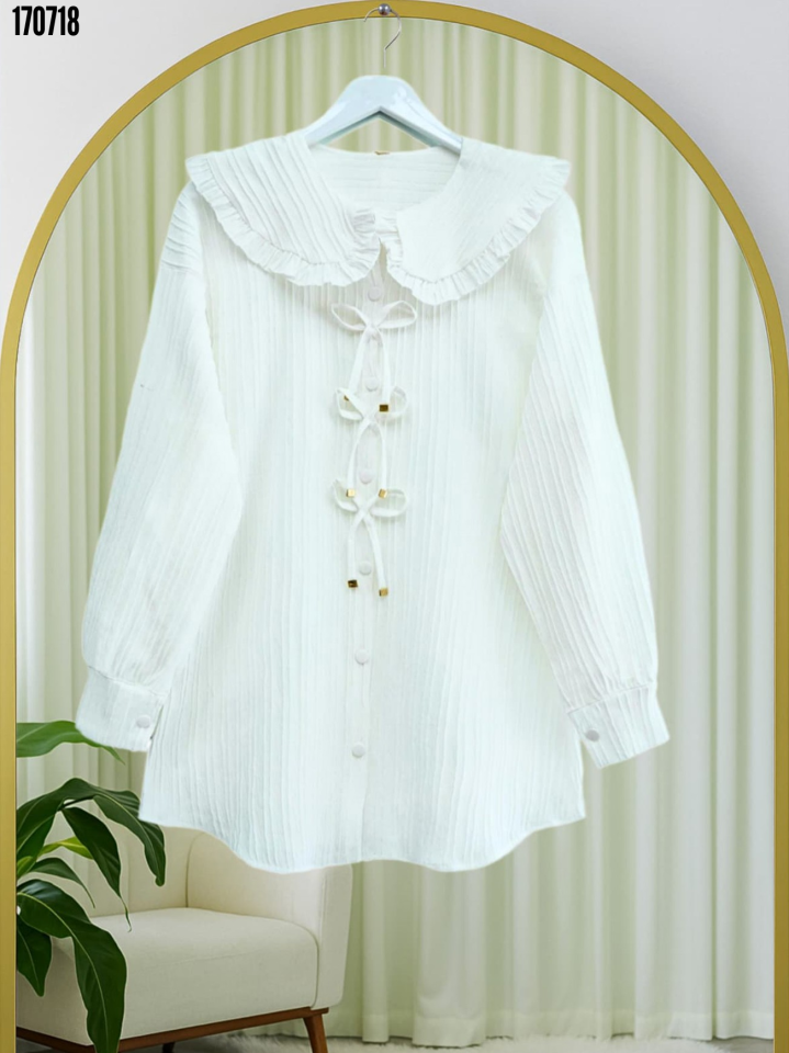 Önü Kurdele Detaylı Düğmeli Önlük Yaka Gömlek Beyaz