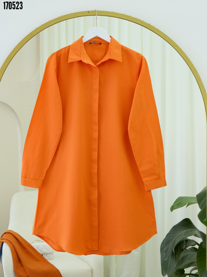 Gizli Düğmeli Oval Kesim Uzun Gömlek Turuncu