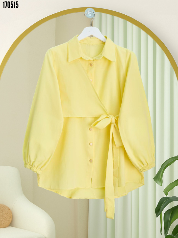 Çapraz Bağlamalı Kolu Lastikli Düğmeli Gömlek Sarı
