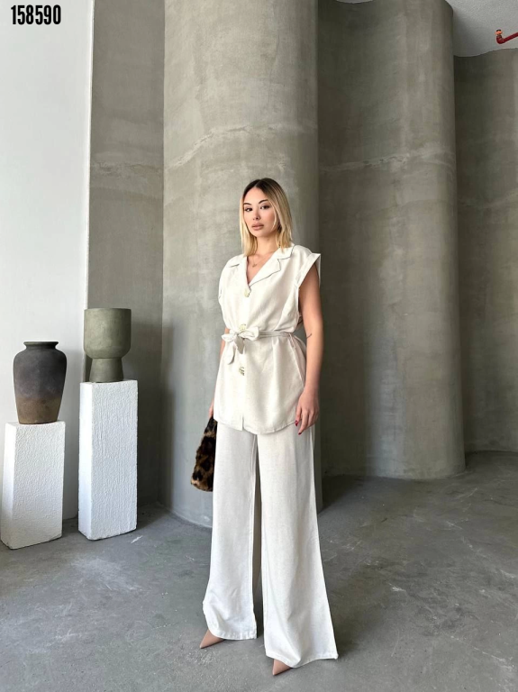 Keten Sıfır Kol Kuşaklı Ceket Pantolon ikili Takım Beyaz