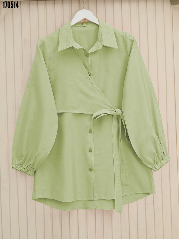Çapraz Bağlamalı Kolu Lastikli Düğmeli Gömlek Çağla Yeşili