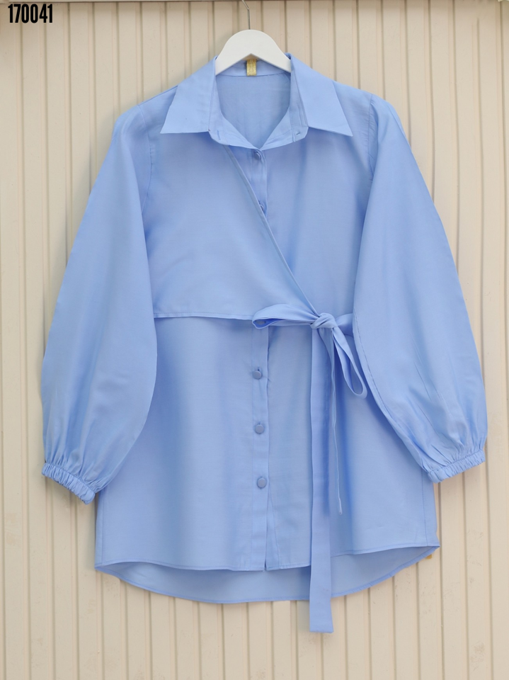 Çapraz Bağlamalı Kolu Lastikli Düğmeli Gömlek Bebe Mavi