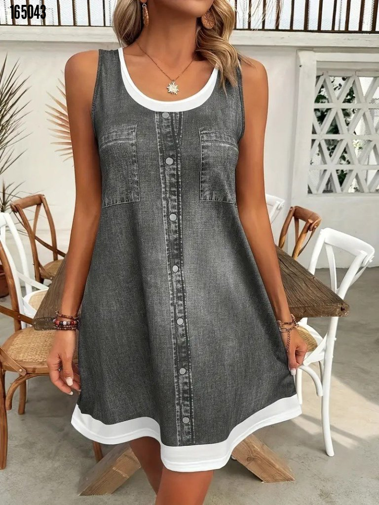 Kadın askılı yuvarlak yakalı kot görünümlü kısa süprem elbise