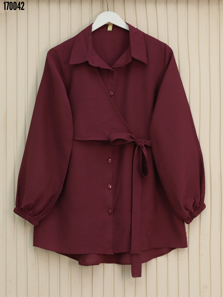 Çapraz Bağlamalı Kolu Lastikli Düğmeli Gömlek Bordo