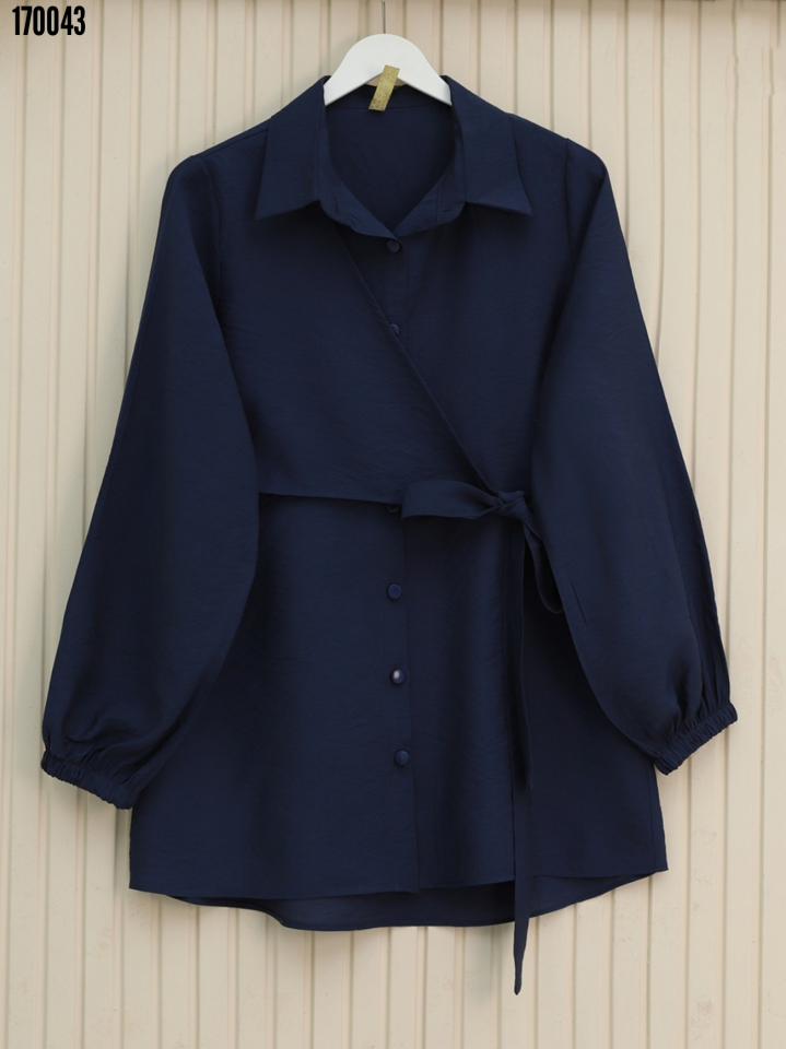 Çapraz Bağlamalı Kolu Lastikli Düğmeli Gömlek