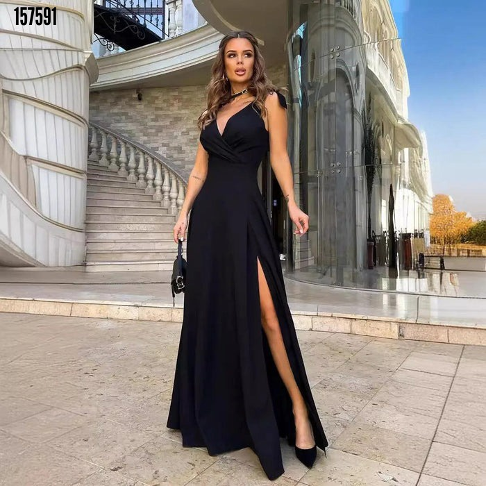 Kadın askılı omuzdan bağlamalı kruvaze yakalı uzun yırtmaçlı janjan krep elbise