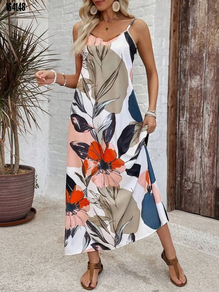 Kadın ip askılı geniş v yakalı desenli süprem elbise