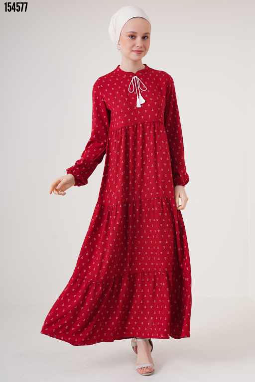 1627 Yaka Bağcıklı Tesettür Elbise Bordo